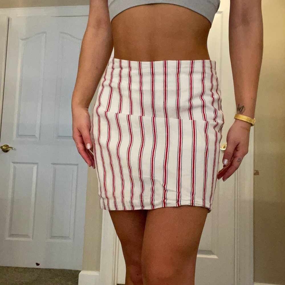 Red, white and blue striped skirt